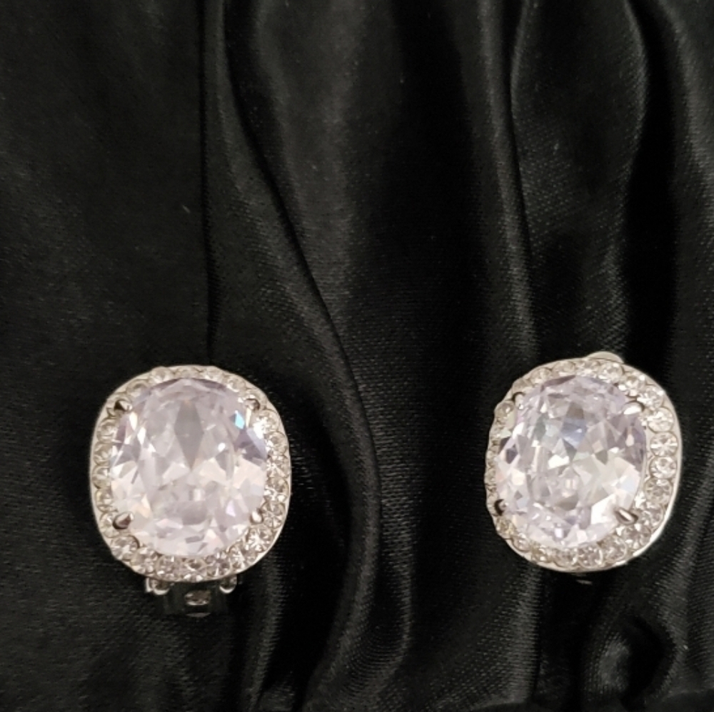 Elegant Silver Tone Crystal Clip On Stud Earrings